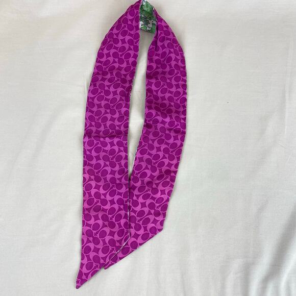 Coach Signature Skinny Scarf Purse Piny Tail Tie Purple Pink Green Floral - Picture 6 of 8